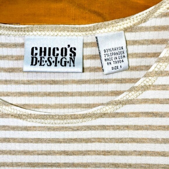 Chico’s Designs Women's Sz 3 Med Tank Top Beige Cream Stripes Sleeveless Stretch - Picture 3 of 9